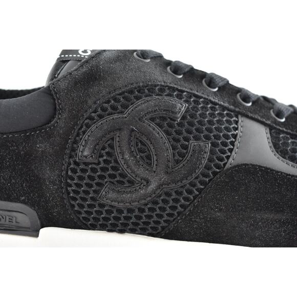 Chanel 22P Mens Black White Suede CC Logo Low Top Lace Up Trainer Sneaker 45 12 - Picture 4 of 12